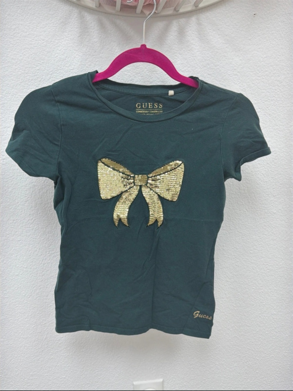 GUESS Women's Dark Green Tee with Gold Sequin Bow